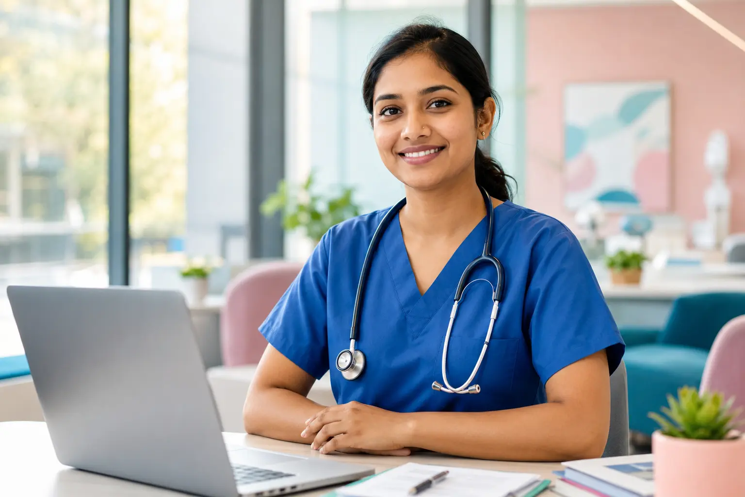 Internationally qualified nurse in scrubs ready for her New Zealand pathway