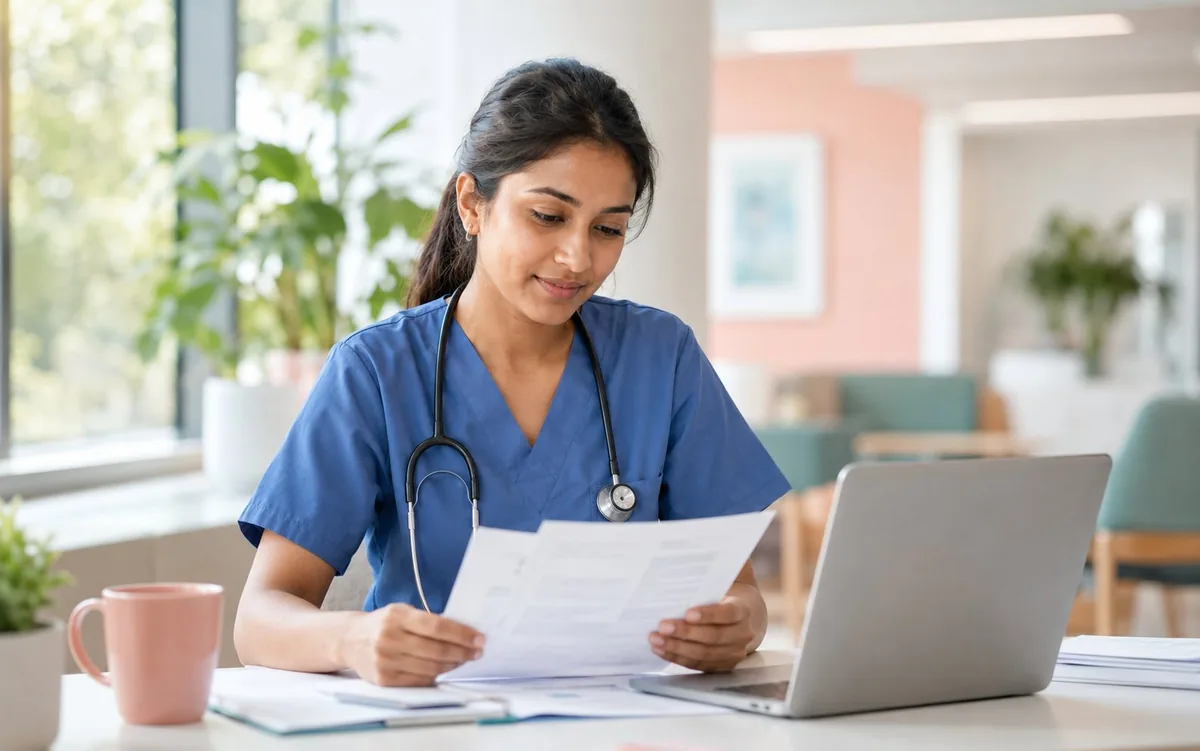 Overseas registered nurse reviewing her registration documents